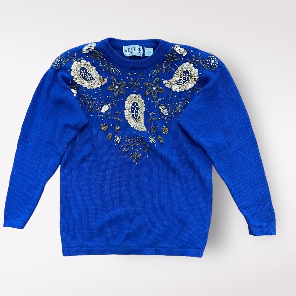Western Connection Vintage‎ Sequined Sweater Womens Medium Blue Beaded